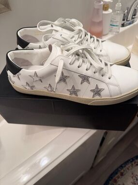 Saint Laurent White Leather Sneakers with Silver Star Accent